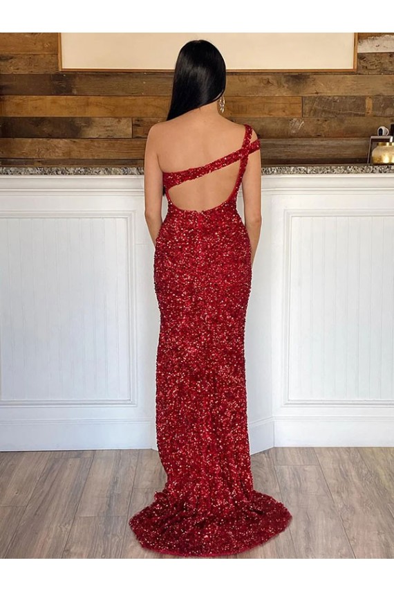 One Shoulder Sleeveless Long Sweep Train Velvet Sequin Evening Dress