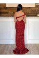 One Shoulder Sleeveless Long Sweep Train Velvet Sequin Evening Dress