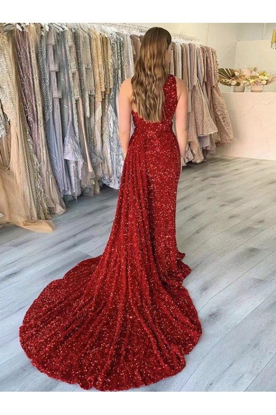 One Shoulder Sleeveless Long Court Train Velvet Sequin Evening Dress with Slit
