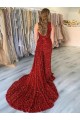 One Shoulder Sleeveless Long Court Train Velvet Sequin Evening Dress with Slit