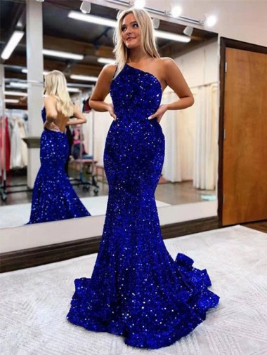 Mermaid One Shoulder Open Back Long Sweep Train Velvet Sequin Evening Dress