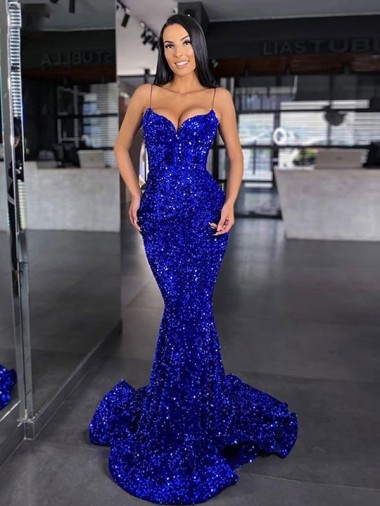 Mermaid Spaghetti Straps Sleeveless Long Sweep Train Velvet Sequin Evening Dress