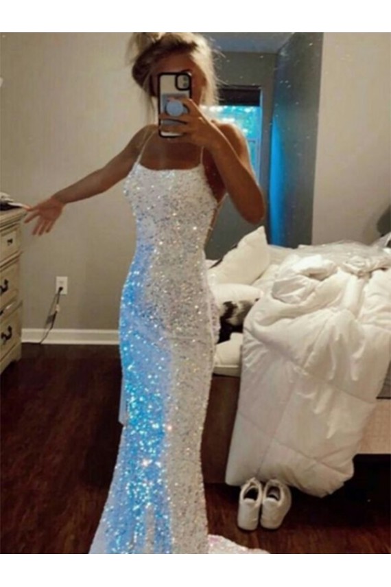 Long Spaghetti Straps Sleeveless Sweep Train Velvet Sequin Evening Dress