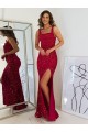 Square Neck Sleeveless Long Velvet Sequin Evening Dress with Slit