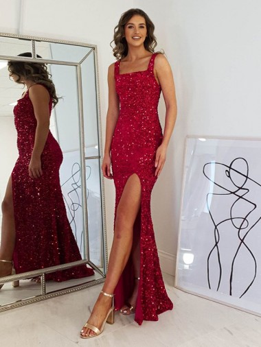Square Neck Sleeveless Long Velvet Sequin Evening Dress with Slit