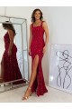 Square Neck Sleeveless Long Velvet Sequin Evening Dress with Slit