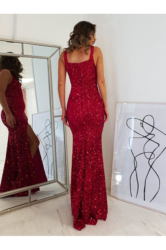 Square Neck Sleeveless Long Velvet Sequin Evening Dress with Slit