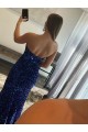 Strapless Sleeveless Long Sweep Train Velvet Sequin Evening Dress with Side Slit