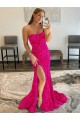 Strapless Sleeveless Long Sweep Train Velvet Sequin Evening Dress with Side Slit