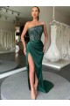 Strapless Sleeveless Long Sweep Train Velvet Sequin Evening Dress with High Side Slit