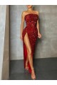 Strapless Sleeveless Long Floor Length Velvet Sequin Evening Dress High Side Slit