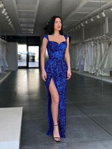 Sleeveless Long Sweep Train Velvet Sequin Evening Dress with High Slit and Straps