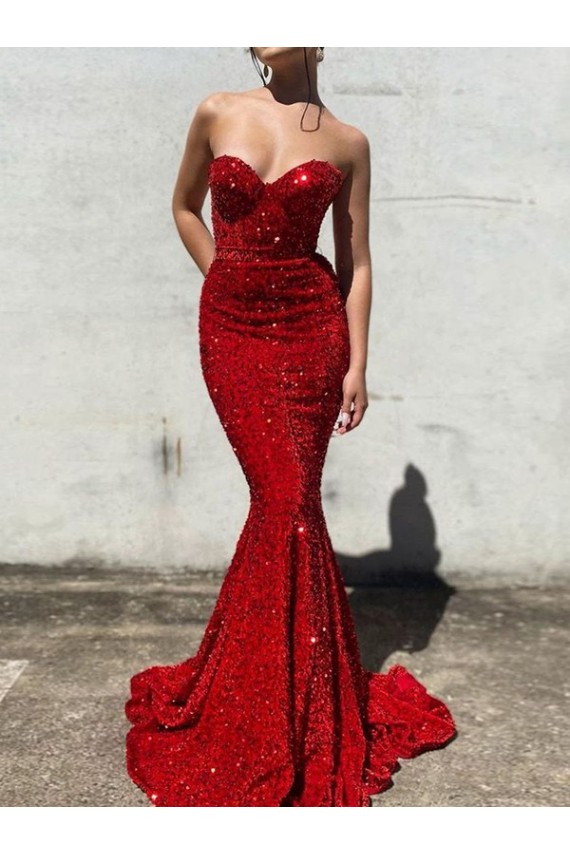Mermaid Sweetheart Sleeveless Long Court Train Velvet Sequin Evening Dress