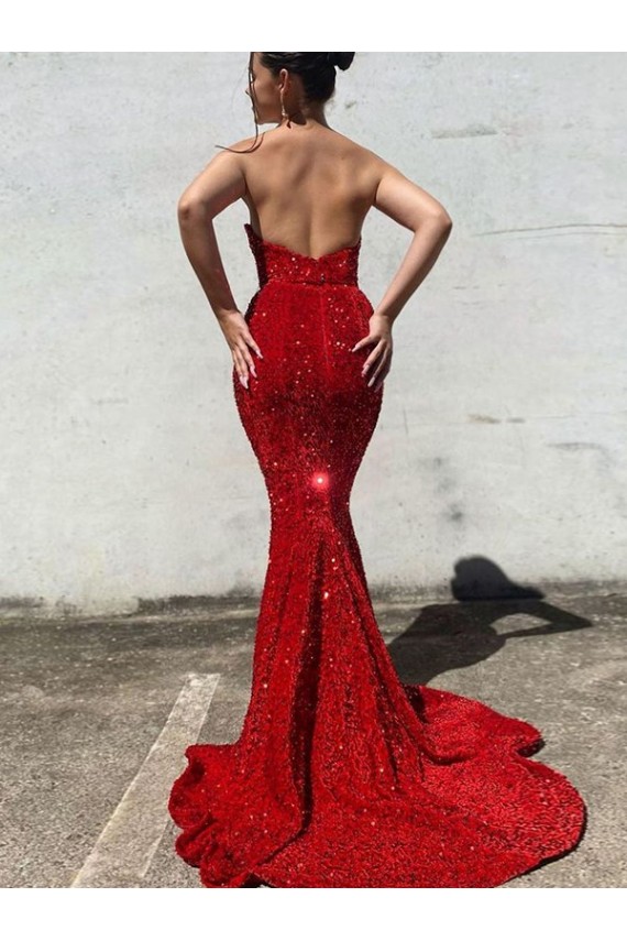 Mermaid Sweetheart Sleeveless Long Court Train Velvet Sequin Evening Dress