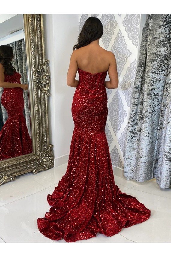 Sweetheart Sleeveless Long Court Train Velvet Sequin Evening Dress