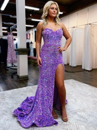 A-Line Sweetheart Sleeveless Long Velvet Sequin Evening Dress with Slit
