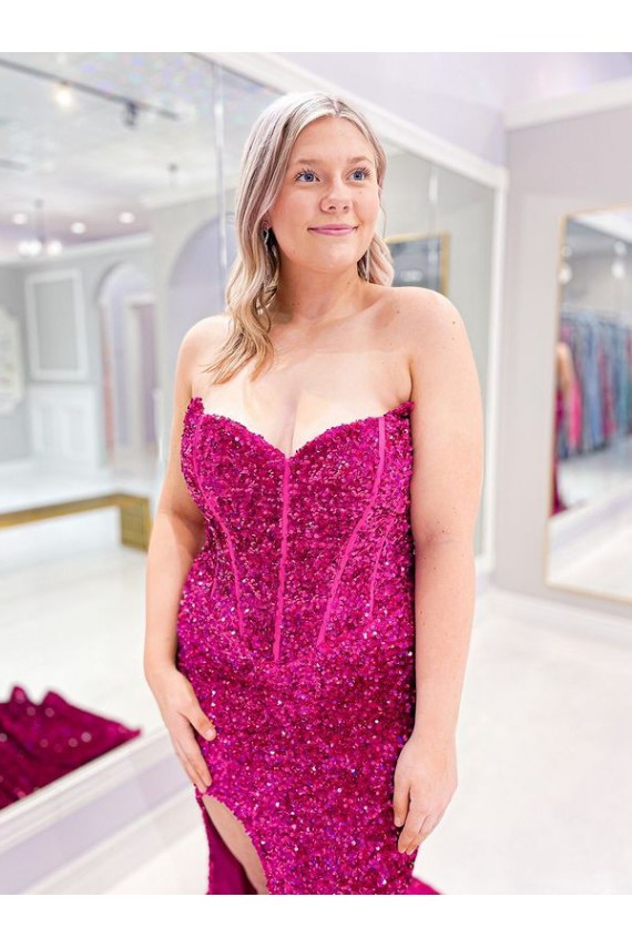 Long Sweetheart Sleeveless Sweep Train Velvet Sequin Evening Dress with Slit