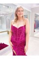 Long Sweetheart Sleeveless Sweep Train Velvet Sequin Evening Dress with Slit