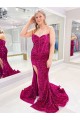 Long Sweetheart Sleeveless Sweep Train Velvet Sequin Evening Dress with Slit