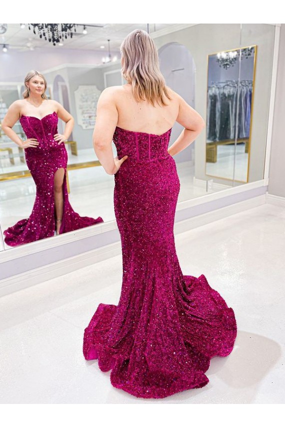 Long Sweetheart Sleeveless Sweep Train Velvet Sequin Evening Dress with Slit