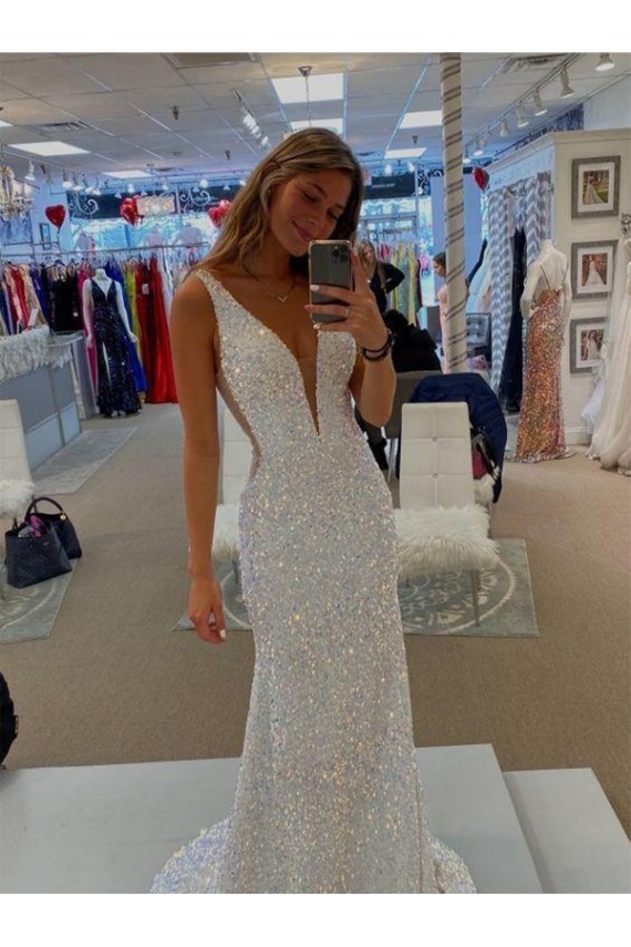 V-Neck Sleeveless Long Velvet Sequin Evening Dress with Sweep Train