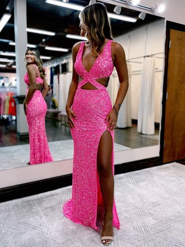 Long V-Neck Sleeveless Sweep Train Velvet Sequin Evening Dress with High Slit