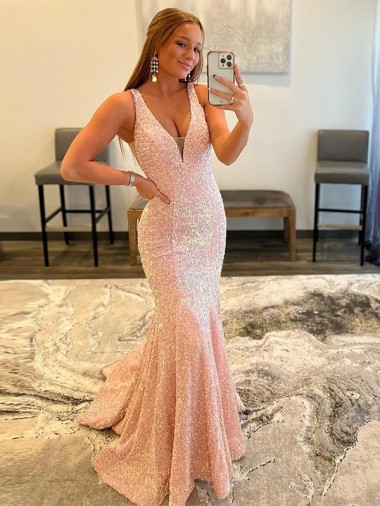 Deep V-Neck Sleeveless Long Low Back Velvet Sequin Evening Dress