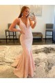 Deep V-Neck Sleeveless Long Low Back Velvet Sequin Evening Dress