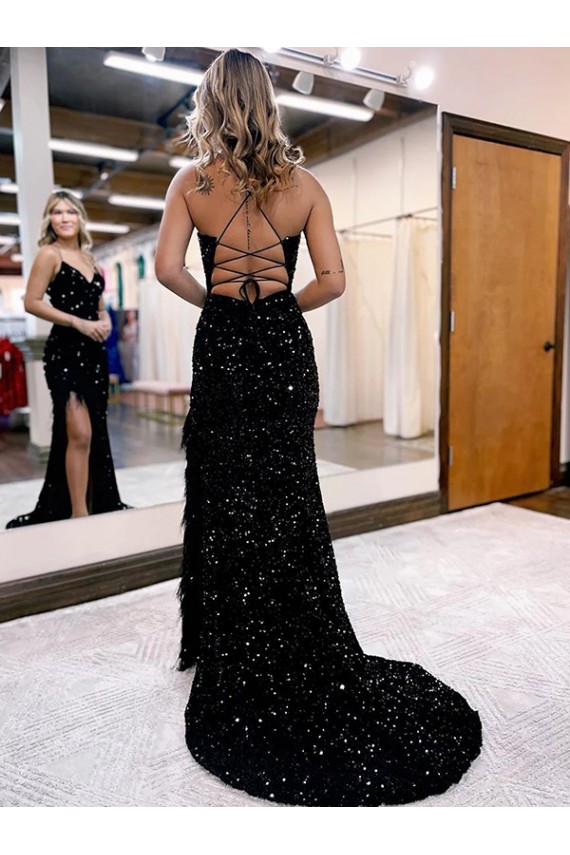 V-Neck Sleeveless Long Velvet Sequin Royal Blue Evening Dress with Side Slit