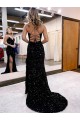 V-Neck Sleeveless Long Velvet Sequin Royal Blue Evening Dress with Side Slit