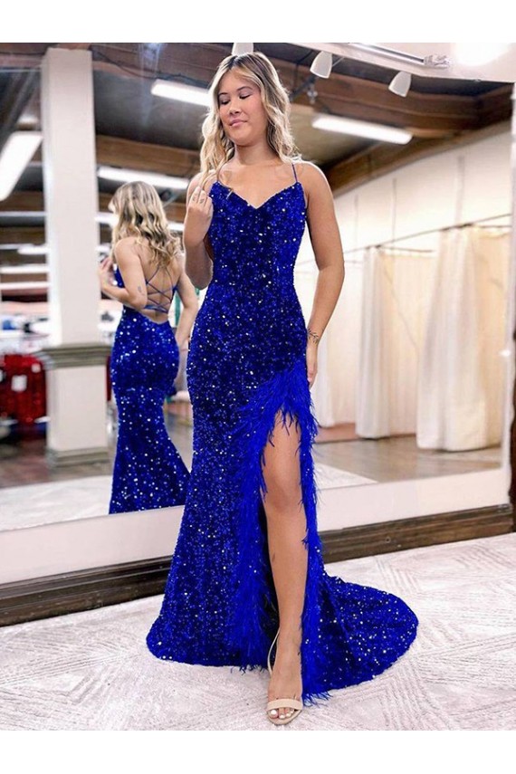 V-Neck Sleeveless Long Velvet Sequin Royal Blue Evening Dress with Side Slit