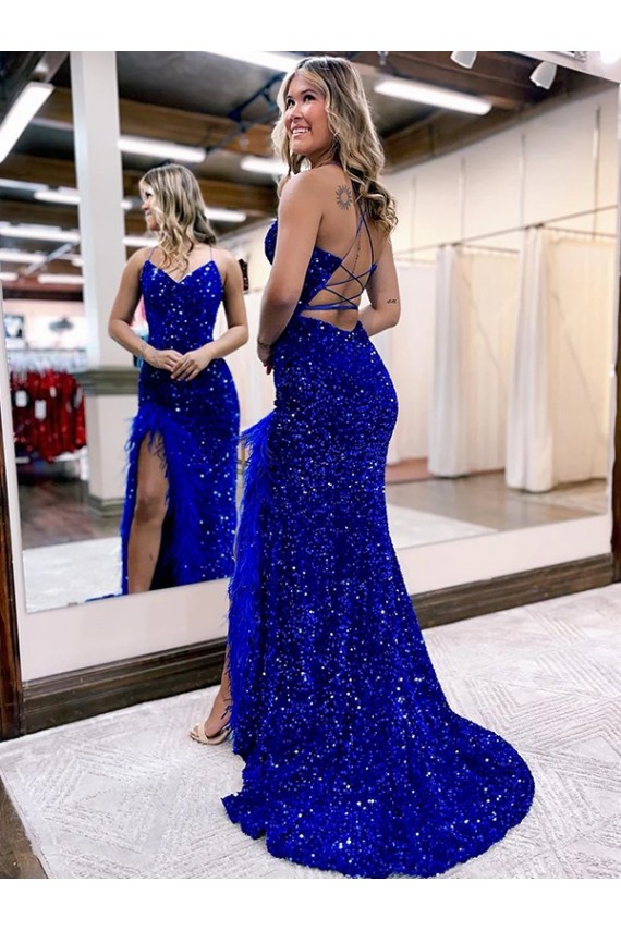 V-Neck Sleeveless Long Velvet Sequin Royal Blue Evening Dress with Side Slit