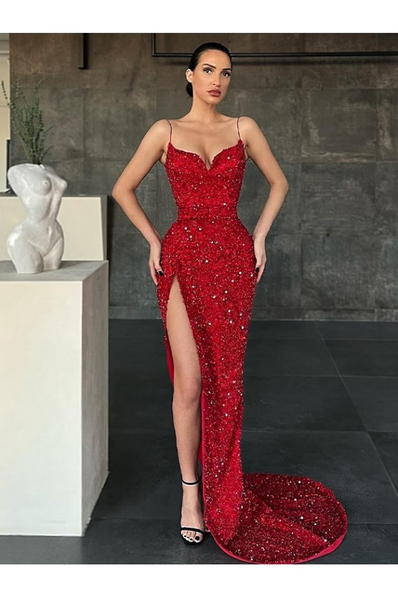 V-Neck Sleeveless Long Sweep Train Velvet Sequin Evening Dress with High Side Slit