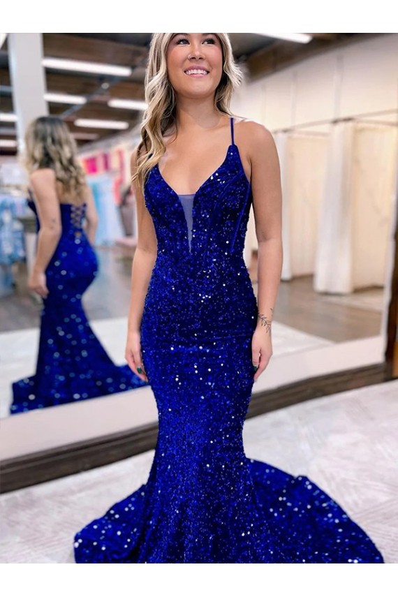 Mermaid V-Neck Sleeveless Long Court Train Velvet Sequin Evening Dress