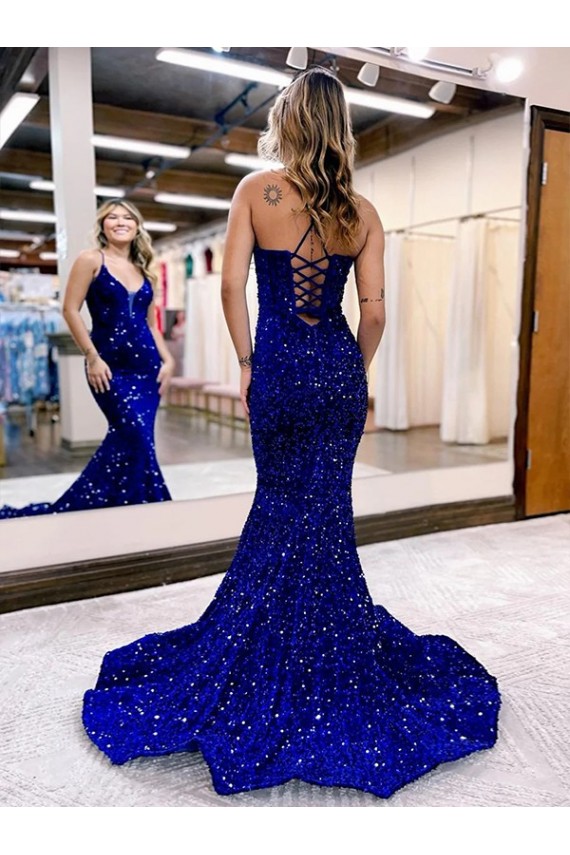 Mermaid V-Neck Sleeveless Long Court Train Velvet Sequin Evening Dress