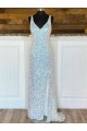 V-Neck Sleeveless Long Sweep Train Velvet Sequin Evening Dress