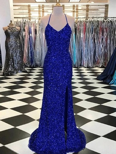 V-Neck Sleeveless Long Velvet Sequin Evening Dress