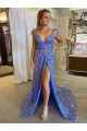 A-Line V-Neck Sleeveless Long Court Train Velvet Sequin Evening Dress with High Slit