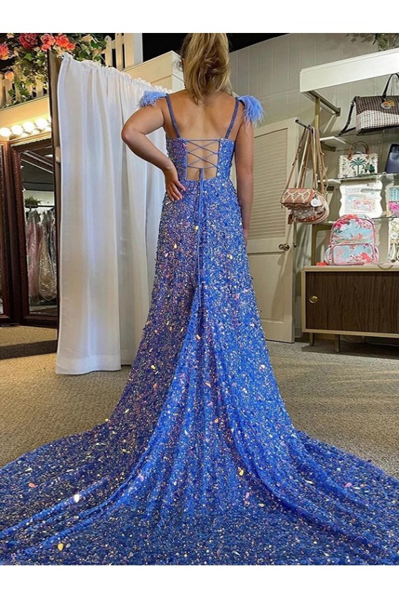 A-Line V-Neck Sleeveless Long Court Train Velvet Sequin Evening Dress with High Slit