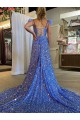 A-Line V-Neck Sleeveless Long Court Train Velvet Sequin Evening Dress with High Slit