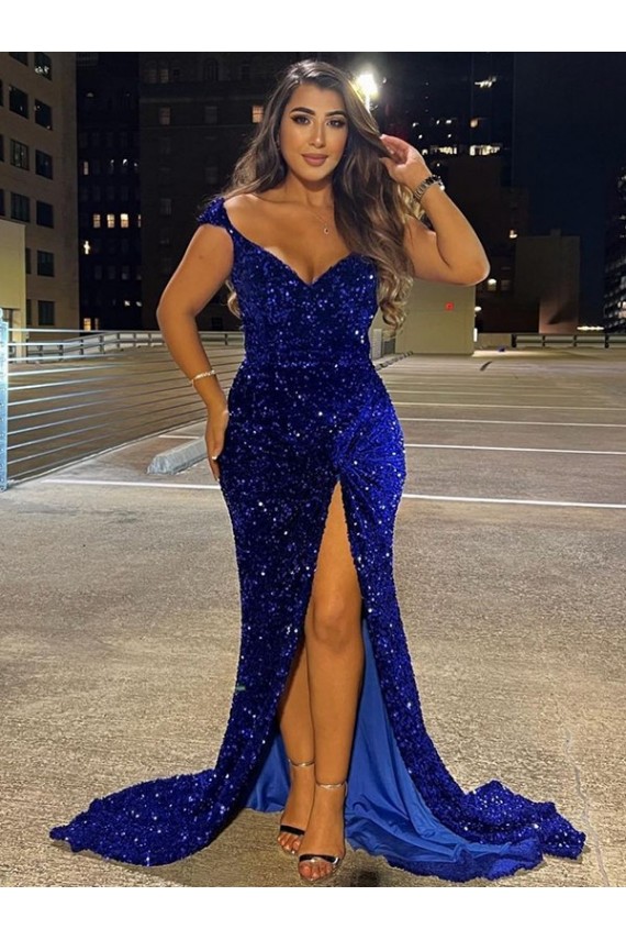 V-Neck Sleeveless Long Sweep Train Velvet Sequin Evening Dress with Slit