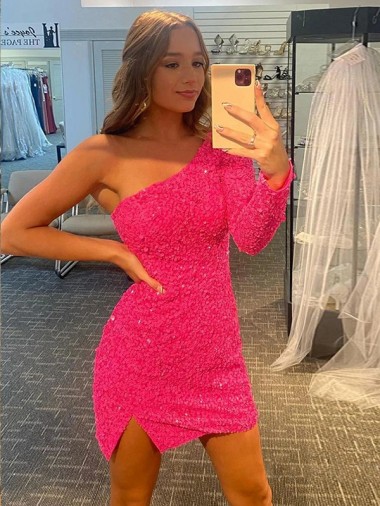Short Velvet Sequin One Shoulder Long Sleeves Evening Dress