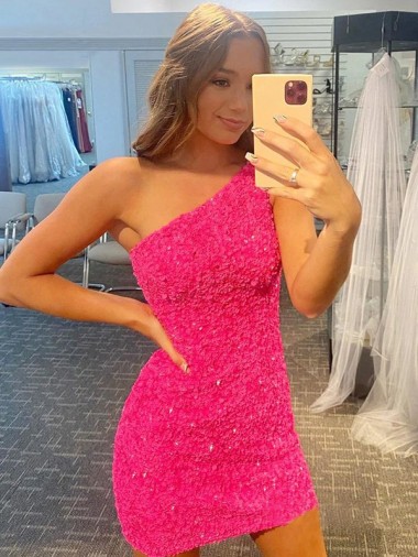 Short One Shoulder Sleeveless Velvet Sequin Evening Dress