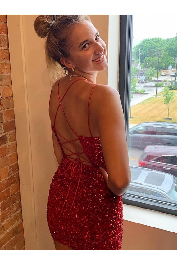 V-Neck Sleeveless Short Velvet Sequins Evening Dress