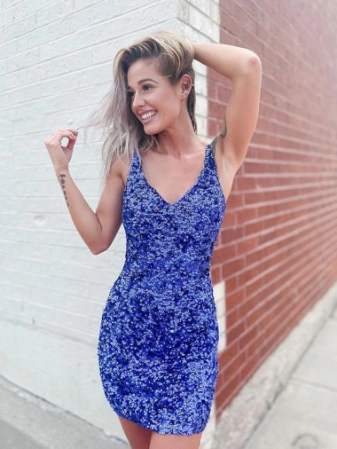 Short Velvet Sequin V-Neck Sleeveless Evening Dress