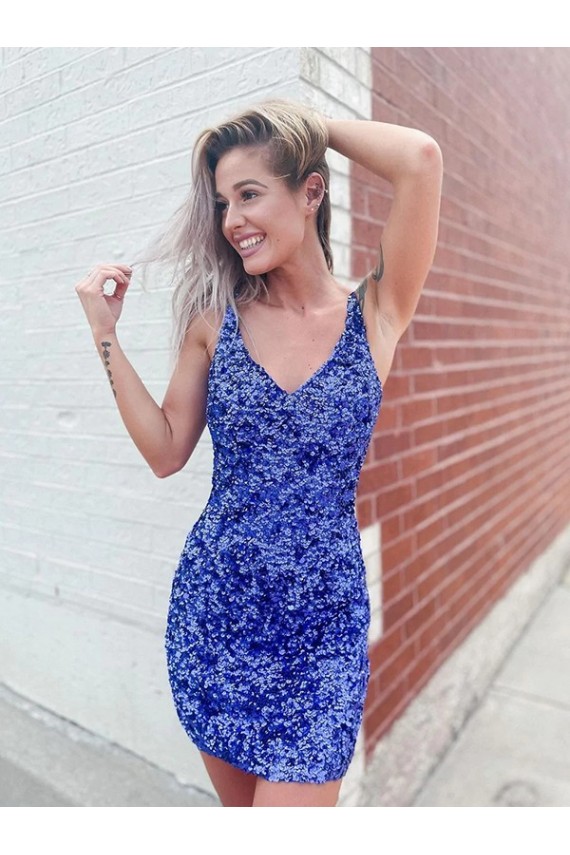 Short Velvet Sequin V-Neck Sleeveless Evening Dress