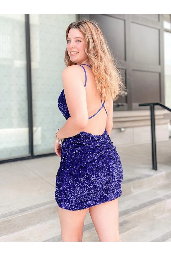 Sleeveless Short Velvet Sequin V-Neck Evening Dress
