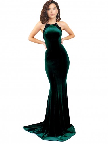 High Neck Stretch Velvet Evening Dress with Black Lace Embroidery
