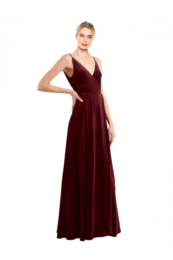 Faux Wrap V-Neck Sleek Long Velvet Evening Dress