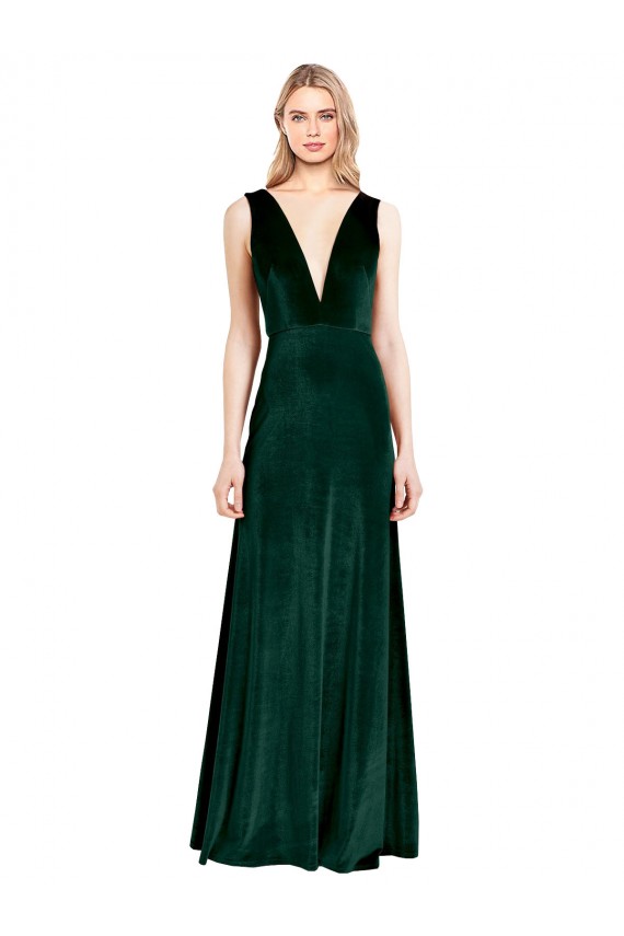 Daring Deep V-Neck Long Full Length Velvet Evening Dress